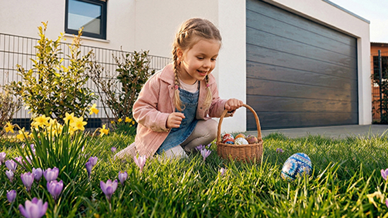 Kleines Kind kniet auf einer Wiese mit Frühlingsblumen und sammelt bunte Ostereier in einen Korb, im Hintergrund moderne Betonfertiggarage mit Sektionaltor neben einem Wohnhaus von ZAPF
