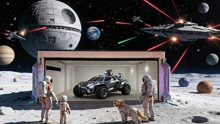 Geöffnete Betonfertiggarage auf einer staubigen Mondoberfläche mit modernem Garagentor, darin ein futuristisches Fahrzeug, davor drei Astronauten und ein Hund im Raumanzug, im Hintergrund Planeten, Raumstation und Raumschiffe im Gefecht, klare Innenbeleuchtung und glatte Wände von ZAPF