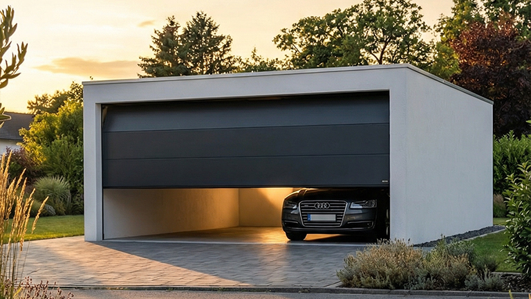 Freistehende Betonfertiggarage mit geöffnetem dunklem Sektionaltor, darin ein geparktes Fahrzeug, beleuchteter Innenraum, gepflasterte Einfahrt und Gartenumgebung im warmen Abendlicht, von ZAPF