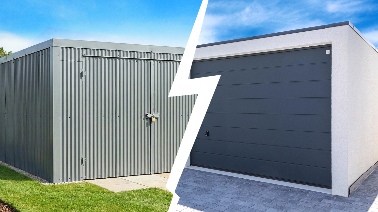 Vergleich von Blechgarage und moderner Betonfertiggarage Geteiltes Bild mit einer grauen Blechgarage links und einer modernen Betonfertiggarage mit dunklem Sektionaltor rechts, getrennt durch einen weißen Blitz, von ZAPF