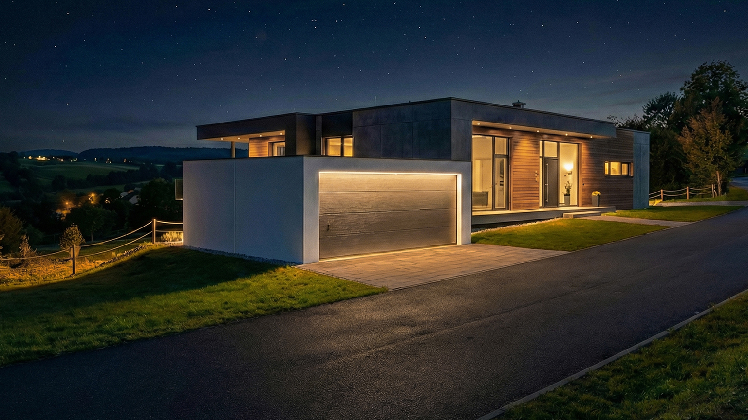 Modern precast concrete garage with house at night Modern precast concrete garage with an illuminated garage door beside a house with wood cladding, warm lighting and a starry sky by ZAPF
