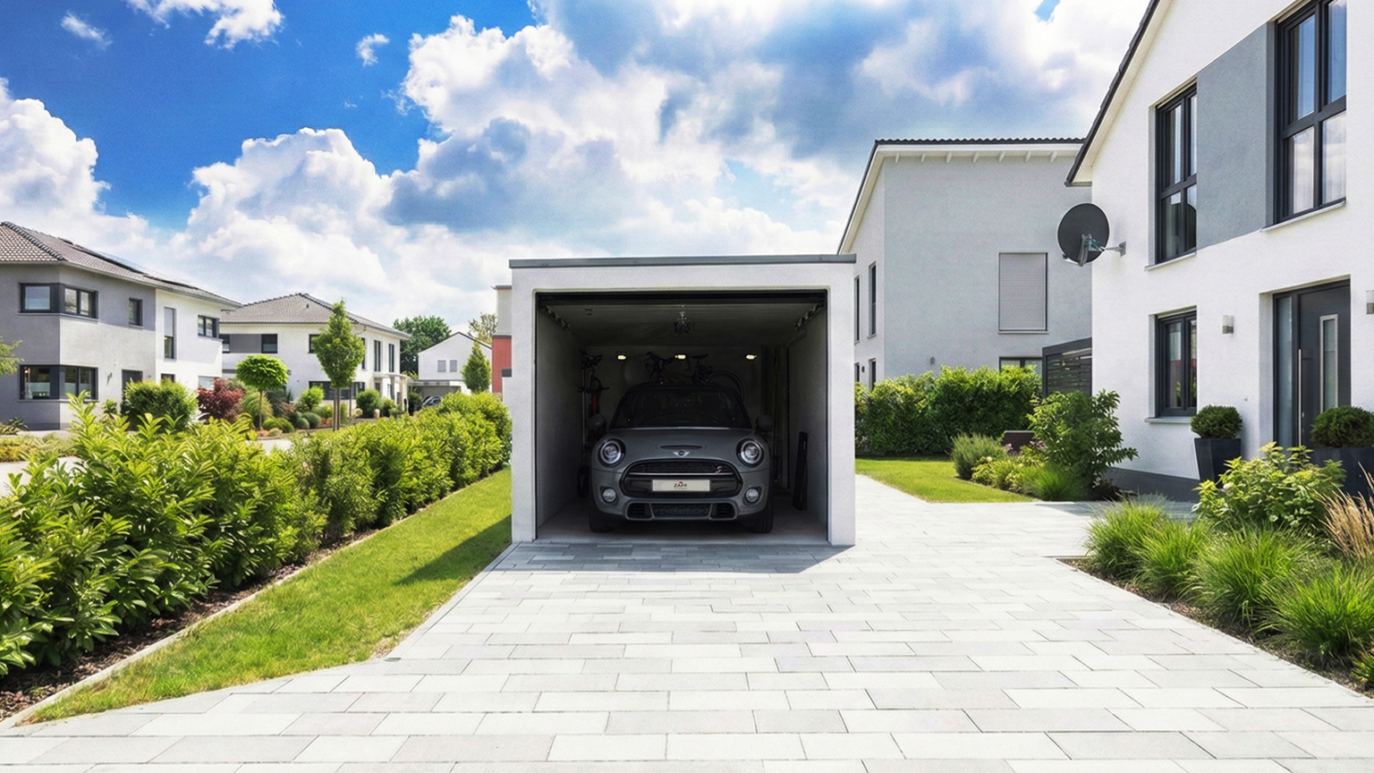 Moderne Fertiggarage vor Einfamilienhaus mit gepflegter Einfahrt Weiße Fertiggarage mit geöffnetem Garagentor, geparktem Auto und Fahrrädern auf dem Dachträger vor einem modernen Einfamilienhaus mit gepflasterter Einfahrt und grüner Gartenanlage von ZAPF