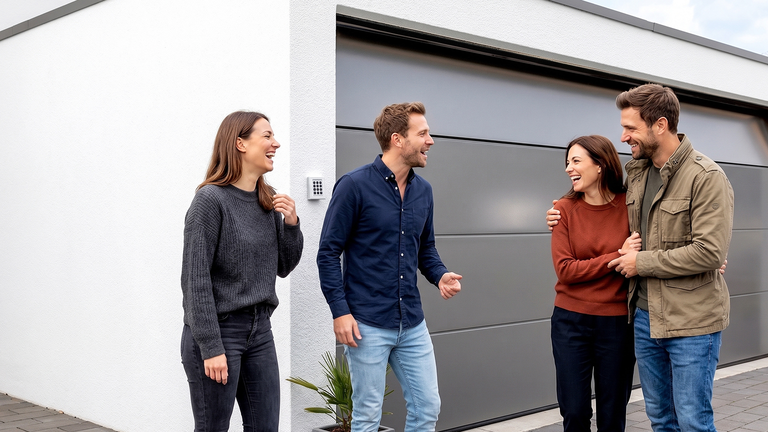 Consultation in front of a modern precast concrete garage with sectional door Four people are standing and laughing in front of a white precast concrete garage with a large dark sectional door and a wall-mounted access panel, showing a consultation scene at a modern garage by ZAPF