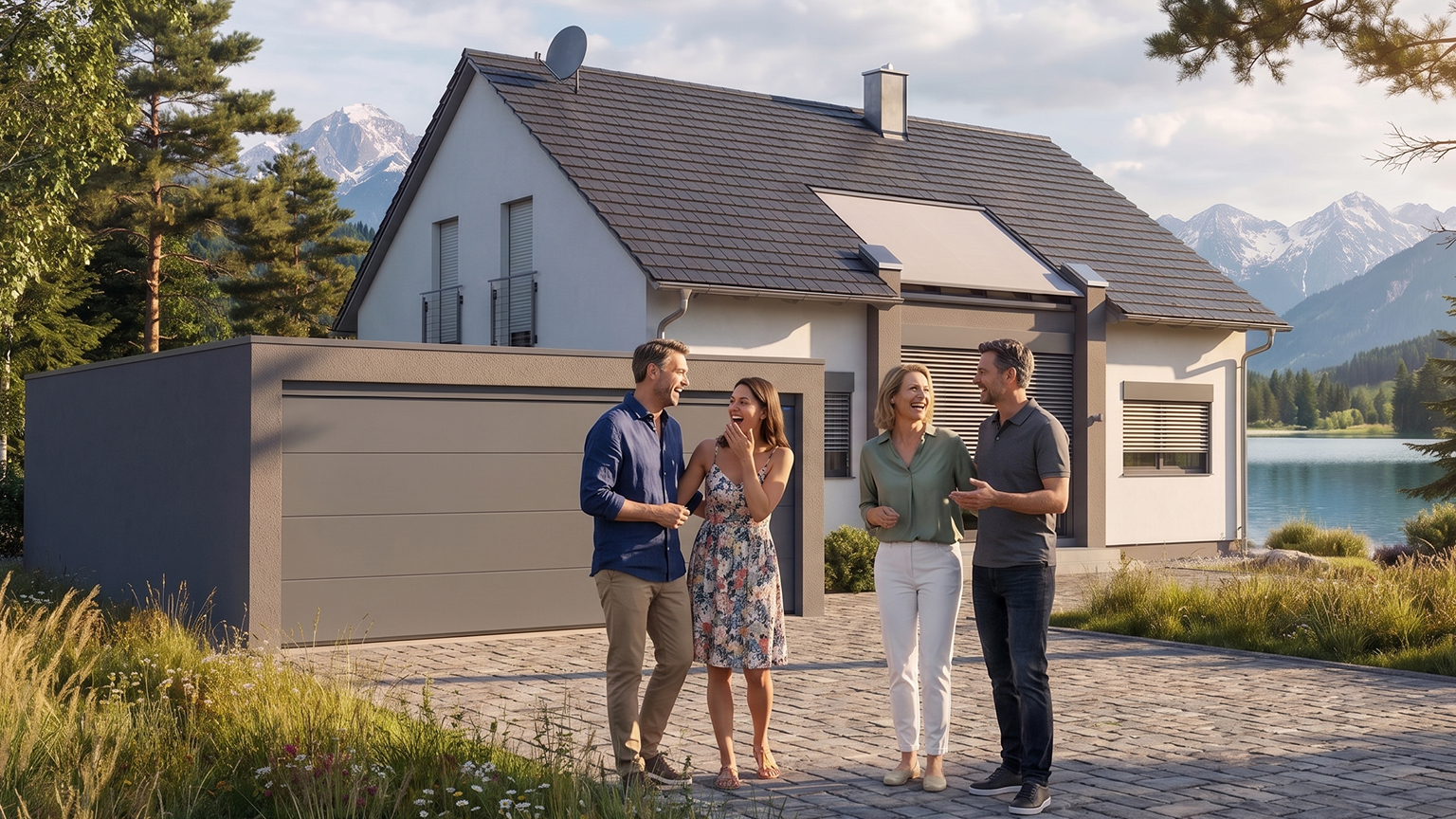 Modern precast concrete garage by a detached house in a mountain landscape Four people are standing and laughing on a paved driveway in front of a modern precast concrete garage with a light sectional door, adjoining detached house, garden, lake and mountains in the background by ZAPF