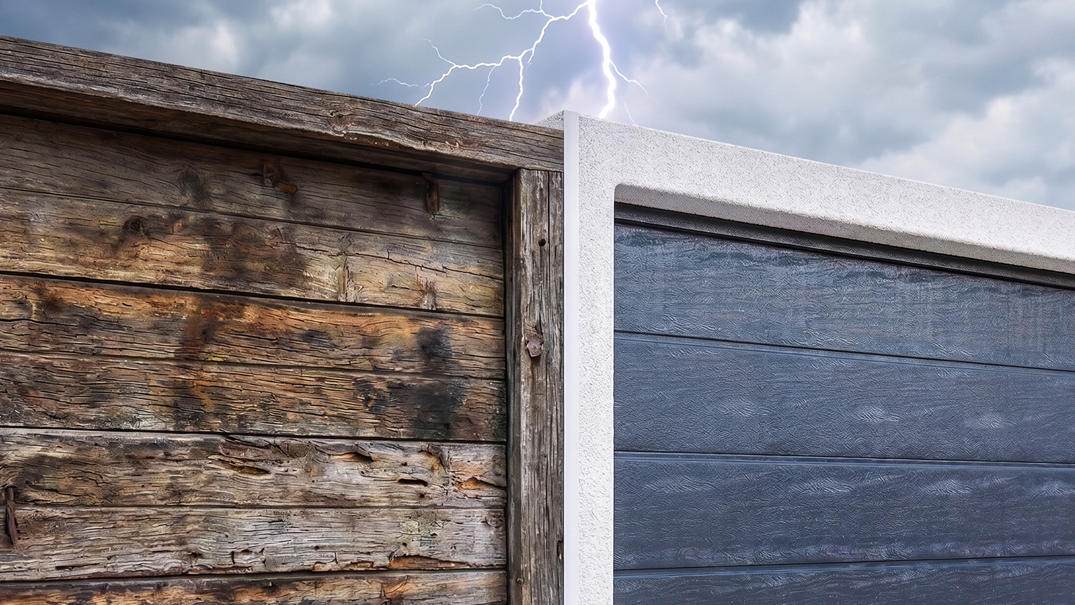 Old wooden door next to modern precast concrete garage during a storm Weathered wooden garage door next to a modern precast concrete garage with a dark sectional door under a stormy sky with lightning by ZAPF