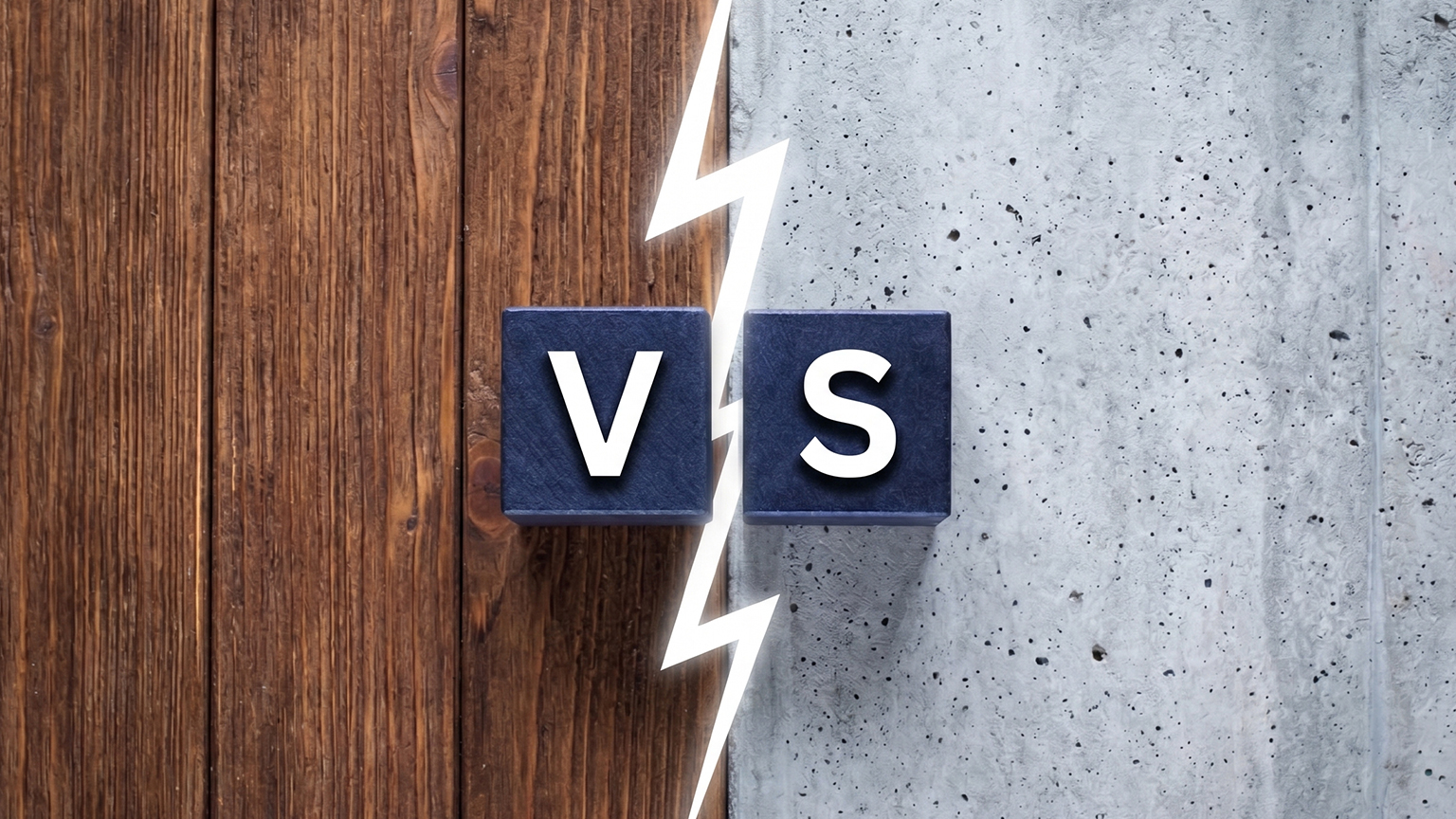 Wood look and concrete surface in comparison Split view with a wood surface and a concrete surface separated by a white lightning symbol, with two cubes showing the letters V and S by ZAPF