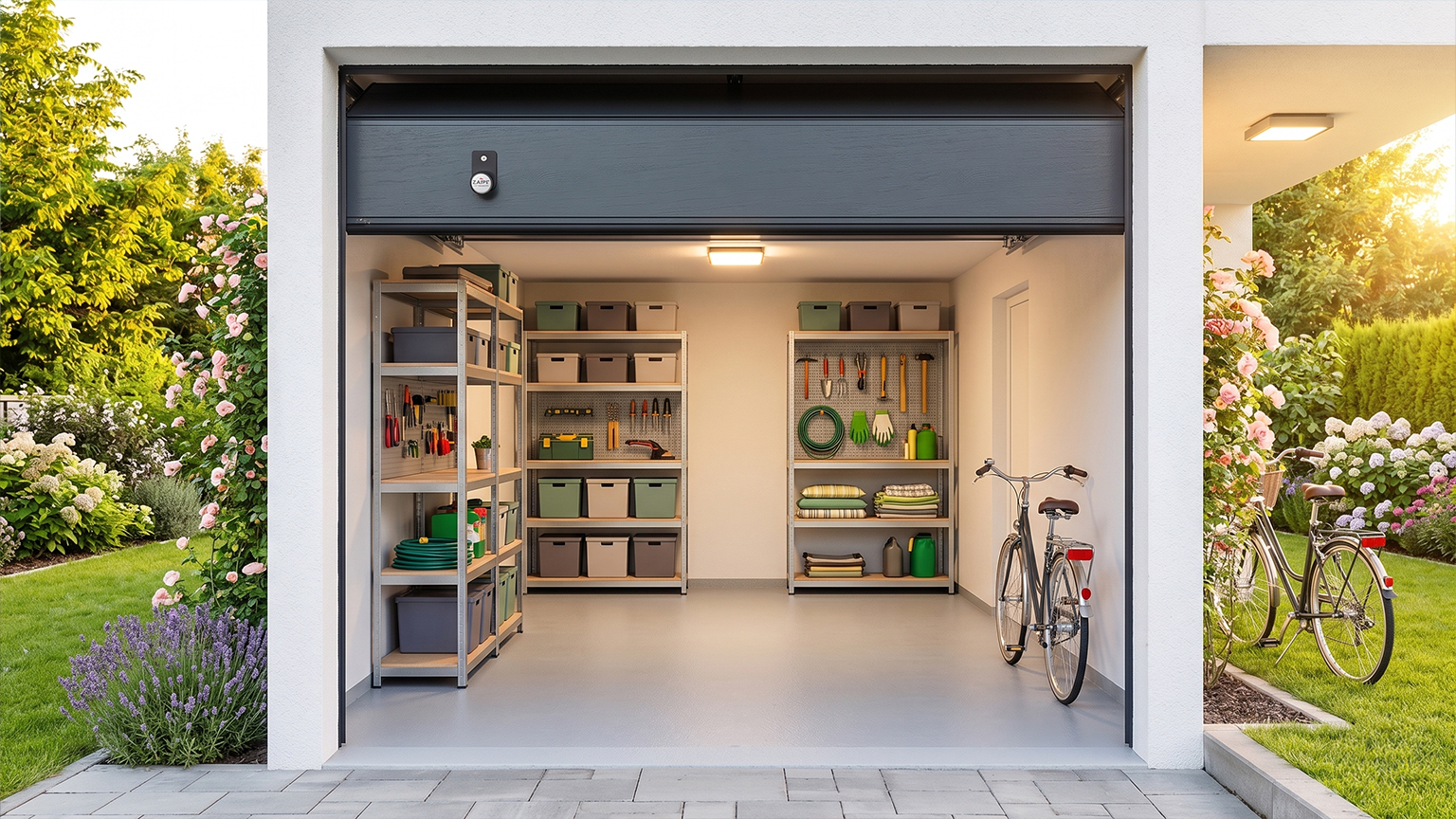 Prefabricated garage with open sectional door and storage system Modern prefabricated garage with an open sectional door, shelves, storage boxes, garden tools and a paved driveway in a rural setting by ZAPF