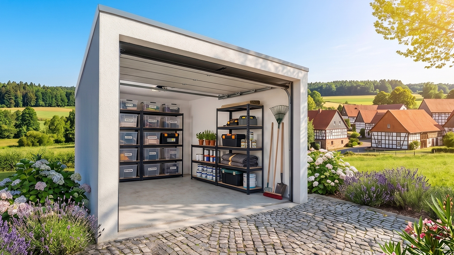 Open garage with storage space and garden tools Modern garage with a partially open garage door, shelves, tool wall, storage boxes, garden equipment and a bicycle, surrounded by a landscaped garden by ZAPF