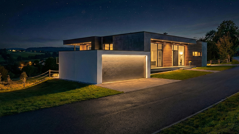 Modern precast concrete garage with an illuminated garage door beside a house with wood cladding, warm lighting and a starry sky by ZAPF