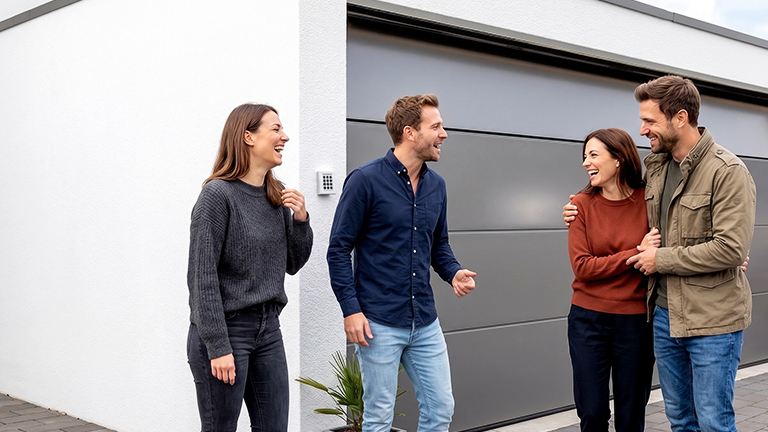 Four people are standing and laughing in front of a white precast concrete garage with a large dark sectional door and a wall-mounted access panel, showing a consultation scene at a modern garage by ZAPF