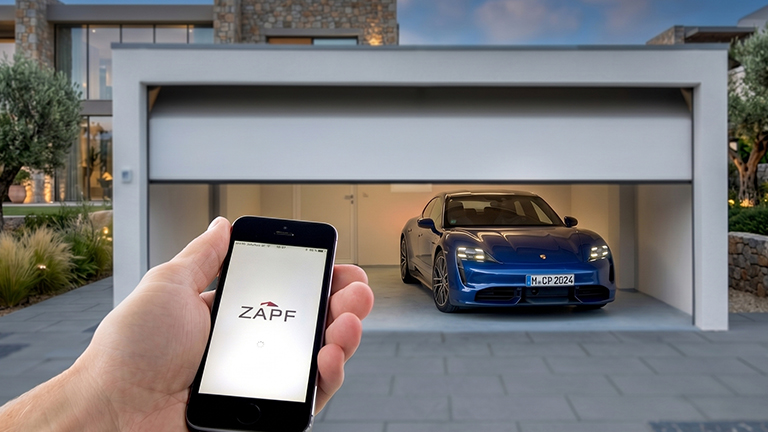 Hand hält ein Smartphone mit ZAPF Logo vor einer modernen Betonfertiggarage mit geöffnetem Garagentor, in der ein blaues Auto steht, von ZAPF