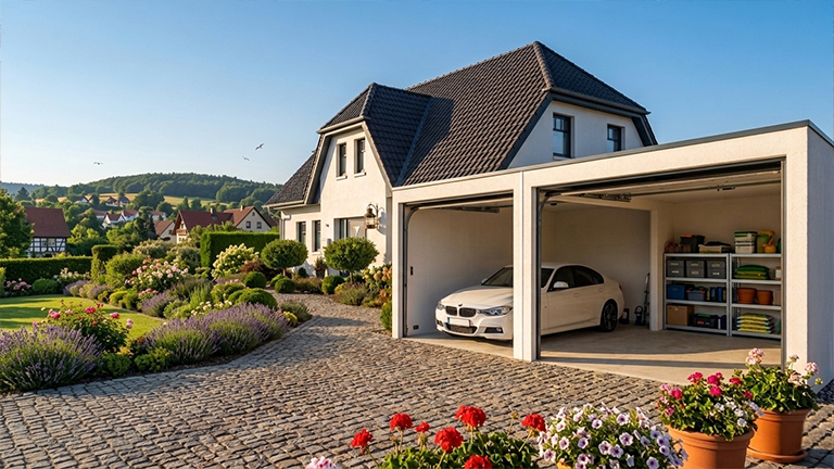 Modern double garage with two open garage doors attached to a detached house, with a paved driveway, landscaped garden and a white car inside the garage by ZAPF