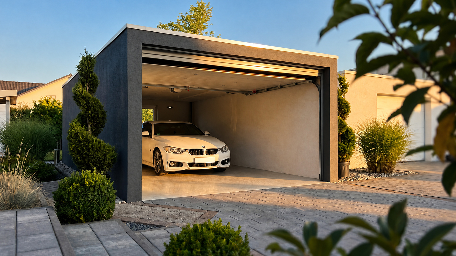 Modern precast concrete garage with open sectional door Modern precast concrete garage with a dark facade, open sectional door and white car in a well-kept driveway with garden planting by ZAPF