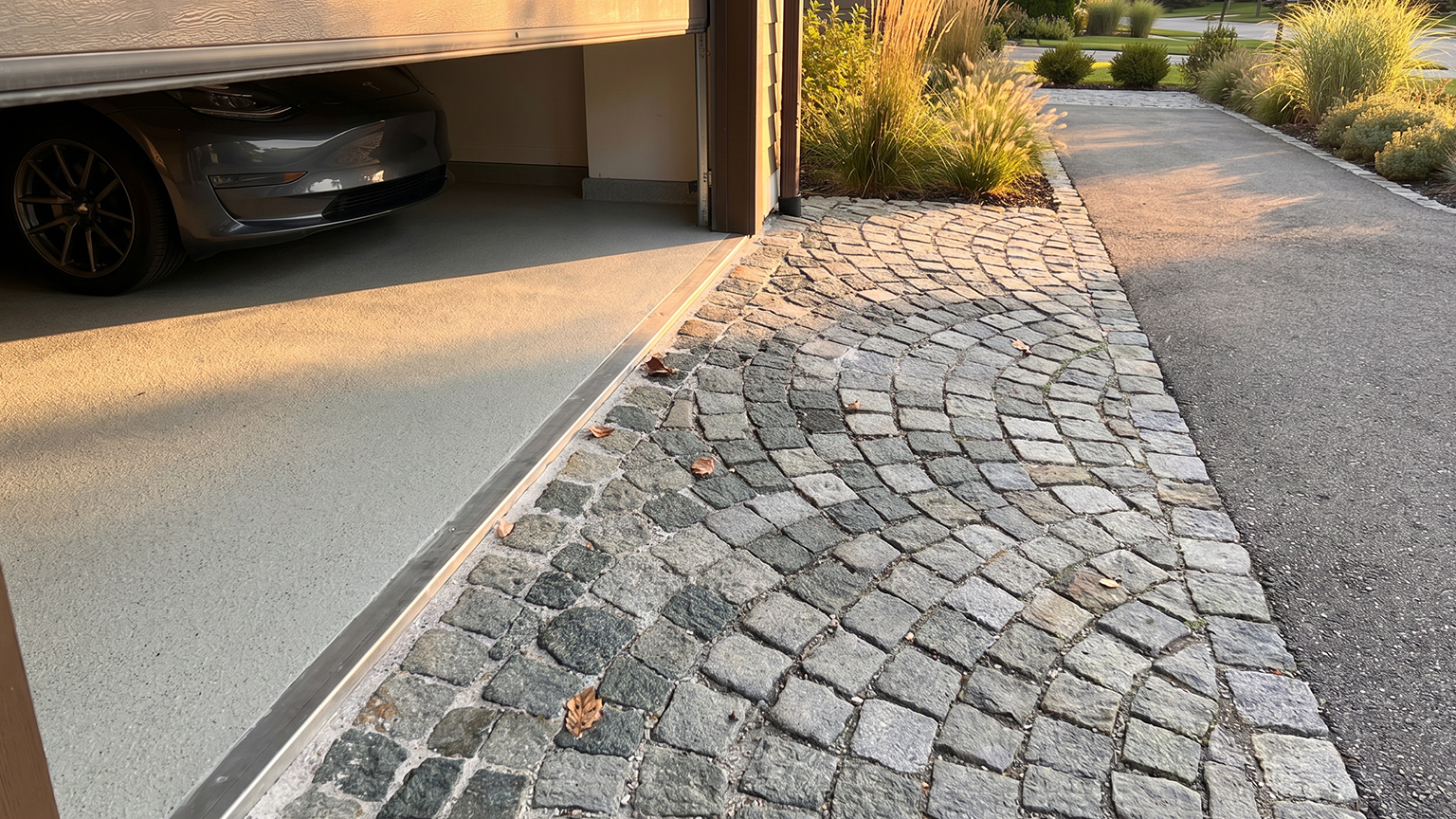 Garage driveway with natural stone paving and open garage door Open garage with grey car, light garage floor and adjoining natural stone paved driveway beside well-kept garden planting by ZAPF