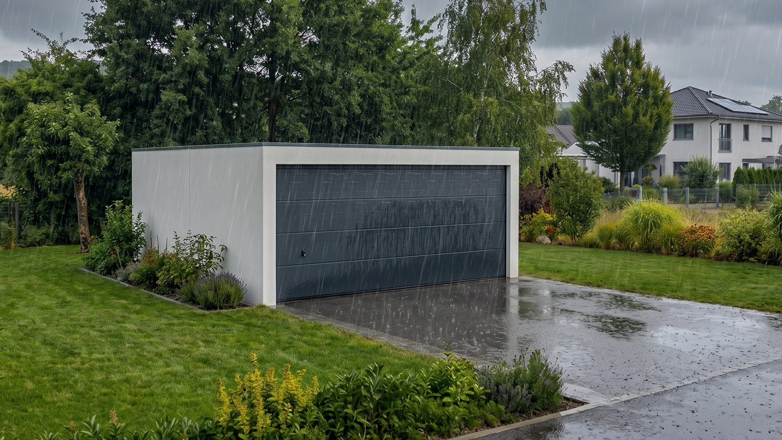 Moderne Betonfertiggarage im Regen Moderne weiße Betonfertiggarage mit dunklem Sektionaltor, nasser Einfahrt und gepflegtem Garten bei starkem Regen, von ZAPF