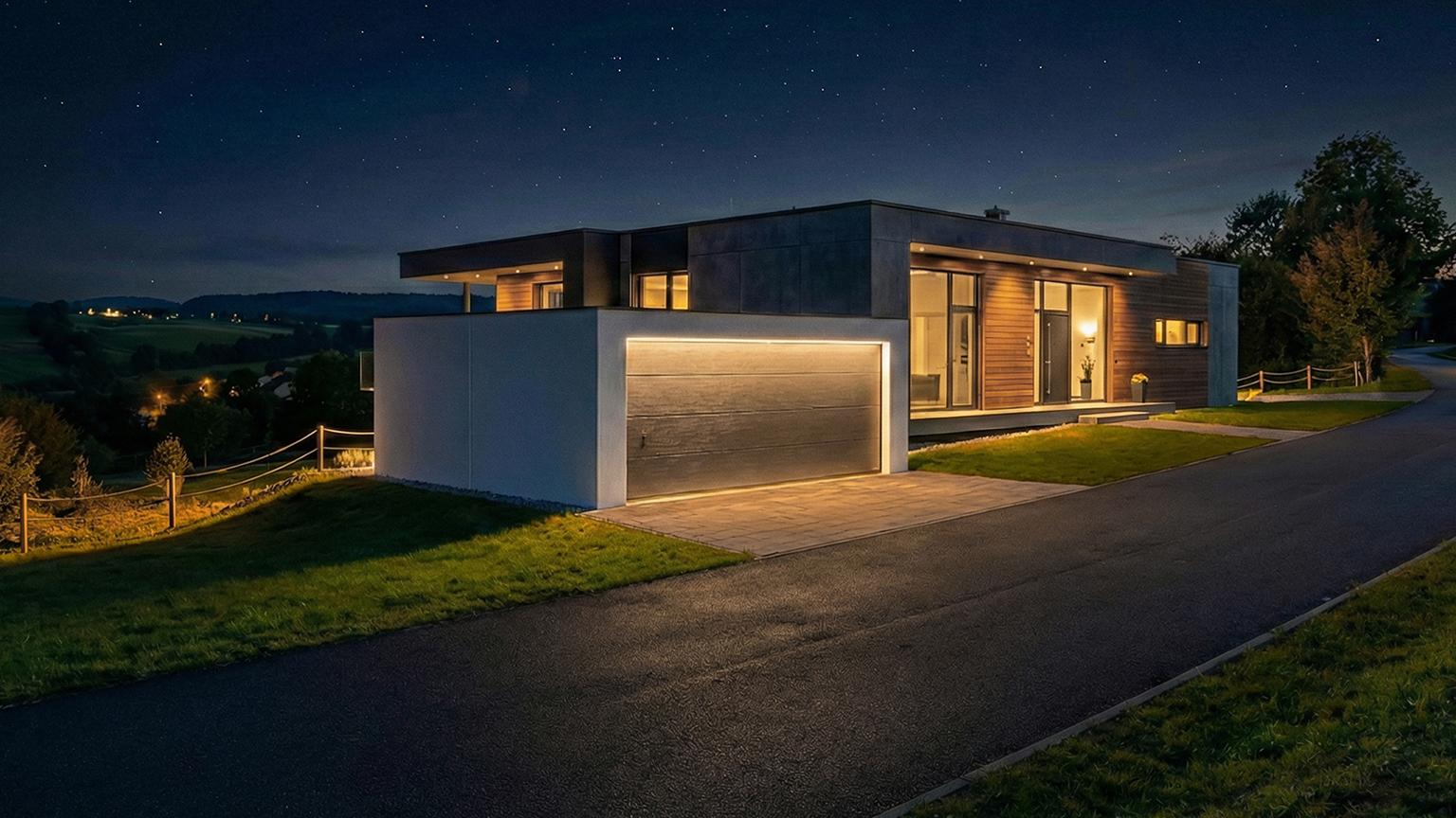 Moderne Garage am Wohnhaus bei Nacht Moderne Betonfertiggarage mit beleuchtetem Garagentor an einem Wohnhaus mit Holzfassade, Flachdach und großzügigen Fensterflächen bei Nacht von ZAPF