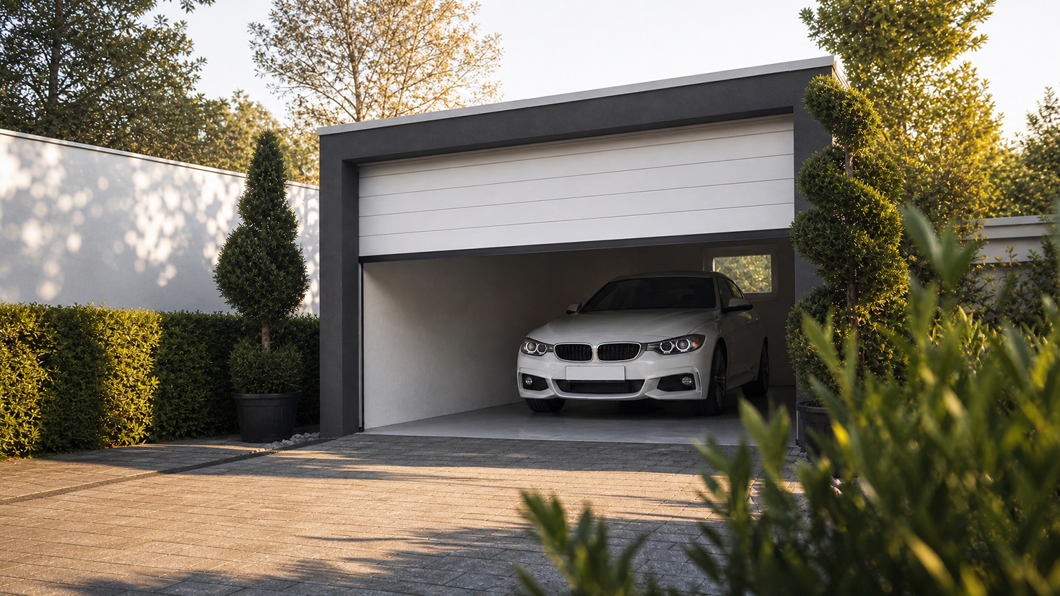 Garage préfabriqué en béton moderne avec porte sectionnelle partiellement ouverte Garage préfabriqué en béton moderne avec encadrement foncé, toit plat, porte sectionnelle blanche partiellement ouverte, véhicule blanc à l’intérieur, allée pavée et végétation dense de ZAPF Garages