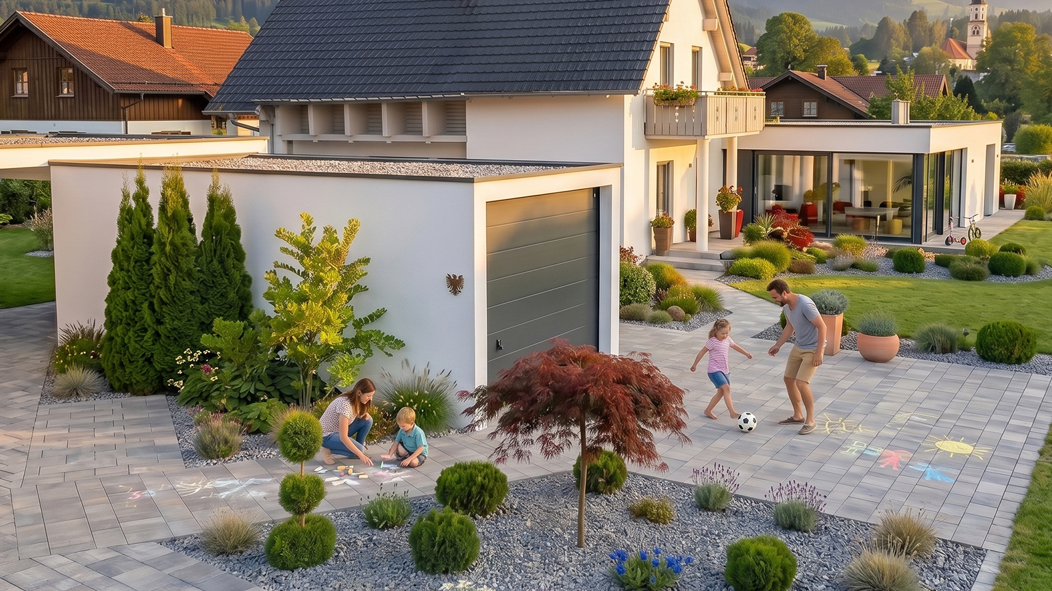 Moderne Fertiggarage mit Sektionaltor vor Einfamilienhaus Moderne Betonfertiggarage mit grauem Sektionaltor, bepflanztem Kiesgarten und großzügiger Einfahrt vor einem Einfamilienhaus, während Kinder und Erwachsene im Hof spielen von ZAPF