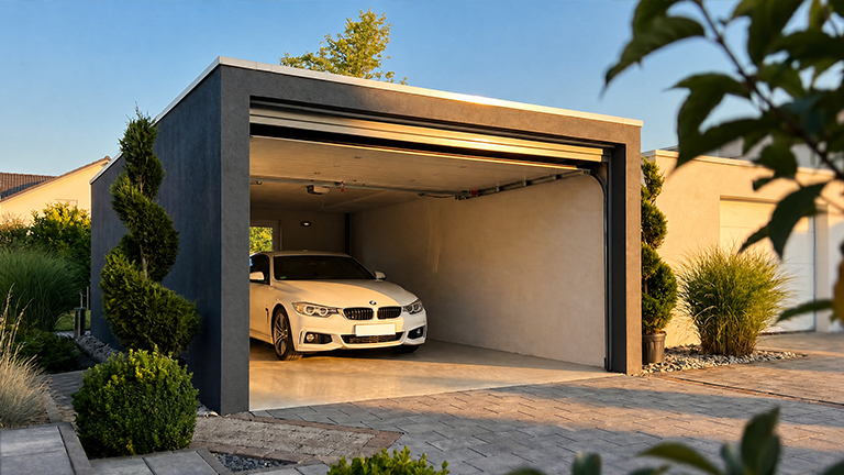 Moderne Betonfertiggarage mit dunkler Fassade, geöffnetem Sektionaltor und weißem Auto in einer gepflegten Einfahrt mit Gartenbepflanzung von ZAPF