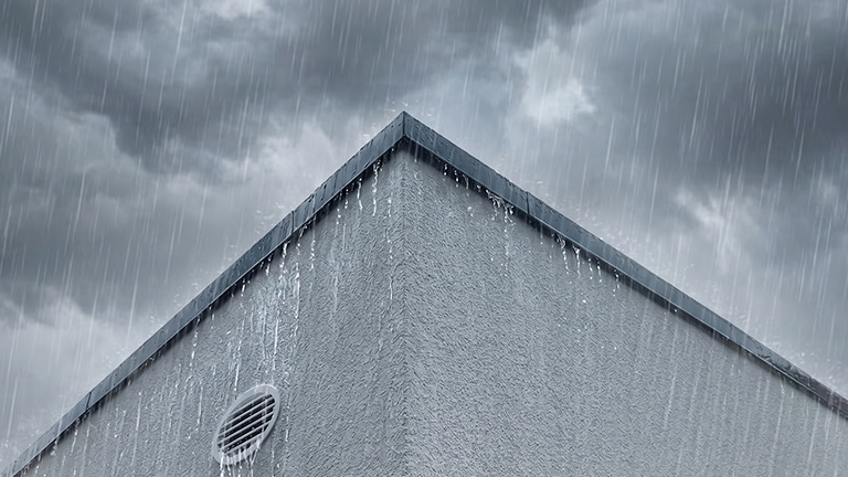 Nahaufnahme einer grauen Betonfertiggarage mit dunkler Dachkante, Lüftungsgitter und ablaufendem Regenwasser vor bewölktem Himmel, vom Hersteller ZAPF