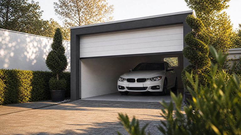 Moderne Betonfertiggarage mit dunklem Rahmen, Flachdach, weißem teilweise geöffnetem Sektionaltor, weißem Fahrzeug im Innenraum, gepflasterter Einfahrt und dichter Gartenbepflanzung von ZAPF