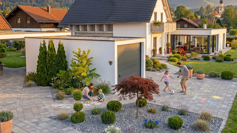 Moderne Betonfertiggarage mit grauem Sektionaltor, bepflanztem Kiesgarten und großzügiger Einfahrt vor einem Einfamilienhaus, während Kinder und Erwachsene im Hof spielen von ZAPF